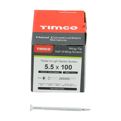 This is an image of Timco - Metal Construction Timber to Light Section Screws - Countersunk - Wing-Tip - Self-Drilling - Exterior - Silver Organic 5.5 x 100mm - (100 PCS Box) LW100S