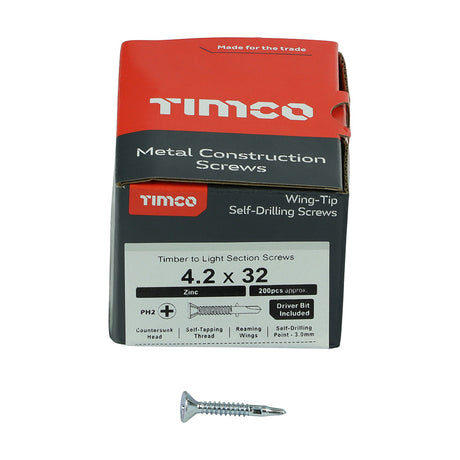 This is an image of Timco - Metal Construction Timber to Light Section Screws - Countersunk - Wing-Tip - Self-Drilling - Zinc 4.2 x 32mm - (200 PCS Box) LW32B