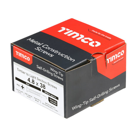 This is an image of Timco - Metal Construction Timber to Light Section Screws - Countersunk - Wing-Tip - Self-Drilling - Zinc 4.8 x 38mm - (200 PCS Box) LW38B