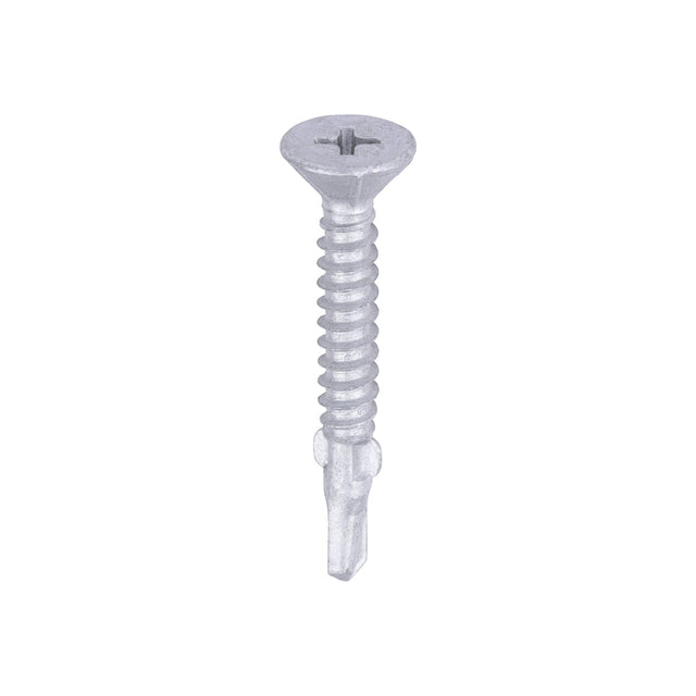 This is an image of Timco - Metal Construction Timber to Light Section Screws - Countersunk - Wing-Tip - Self-Drilling - Exterior - Silver Organic 4.8 x 38mm - (200 PCS Box) LW38S