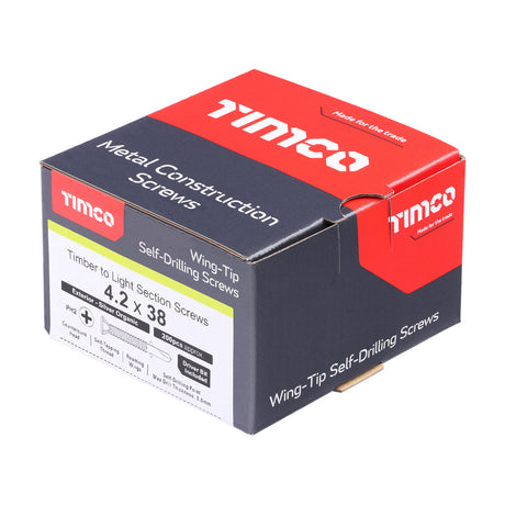 This is an image of Timco - Metal Construction Timber to Light Section Screws - Countersunk - Wing-Tip - Self-Drilling - Exterior - Silver Organic 4.2 x 38mm - (200 PCS Box) LW4238S