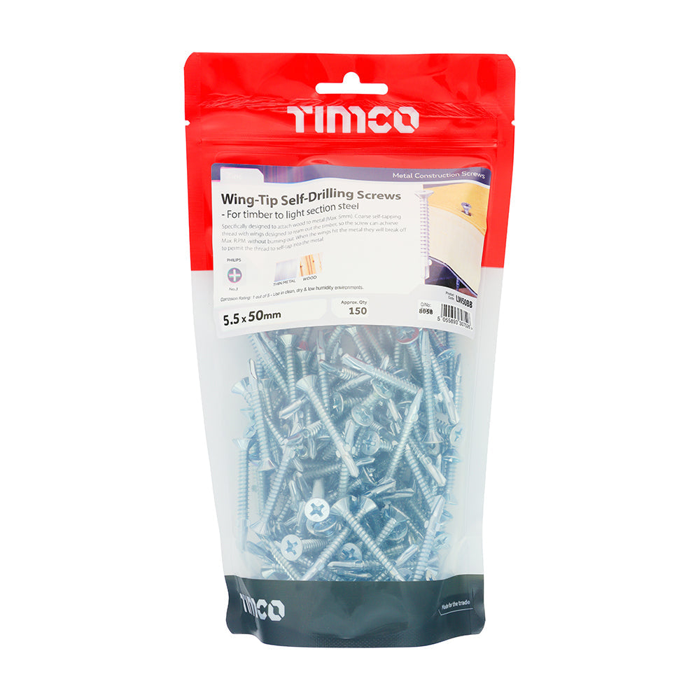 This is an image of Timco - Metal Construction Timber to Light Section Screws - Countersunk - Wing-Tip - Self-Drilling - Zinc 5.5 x 50mm - (150 PCS TIMbag) LW50BB
