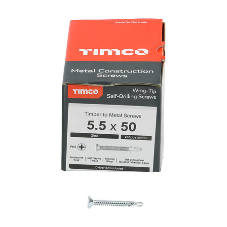 This is an image of Timco - Metal Construction Timber to Light Section Screws - Countersunk - Wing-Tip - Self-Drilling - Zinc 5.5 x 50mm - (200 PCS Box) LW50B