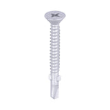 This is an image of Timco - Metal Construction Timber to Light Section Screws - Countersunk - Wing-Tip - Self-Drilling - Exterior - Silver Organic 5.5 x 50mm - (200 PCS Box) LW50S