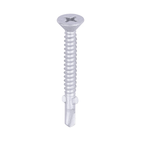 This is an image of Timco - Metal Construction Timber to Light Section Screws - Countersunk - Wing-Tip - Self-Drilling - Exterior - Silver Organic 5.5 x 50mm - (200 PCS Box) LW50S