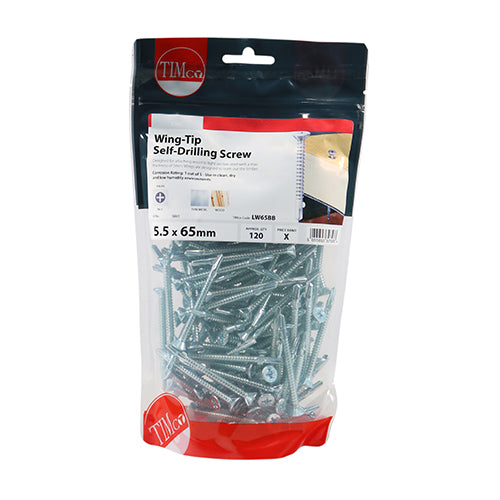 This is an image of Timco - Metal Construction Timber to Light Section Screws - Countersunk - Wing-Tip - Self-Drilling - Zinc 5.5 x 65mm - (120 PCS TIMbag) LW65BB