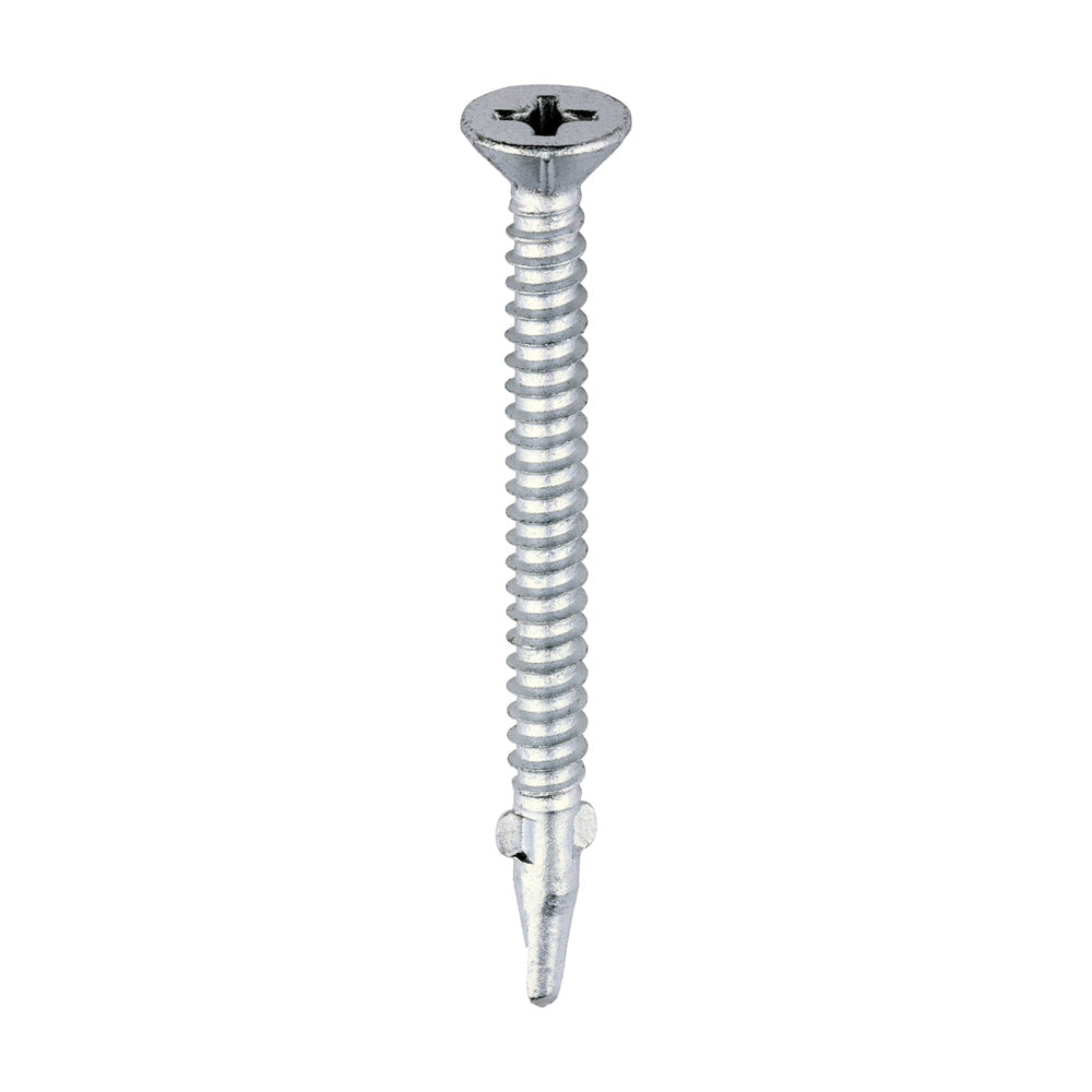 This is an image of Timco - Metal Construction Timber to Light Section Screws - Countersunk - Wing-Tip - Self-Drilling - Exterior - Silver Organic 5.5 x 65mm - (200 PCS Box) LW65S