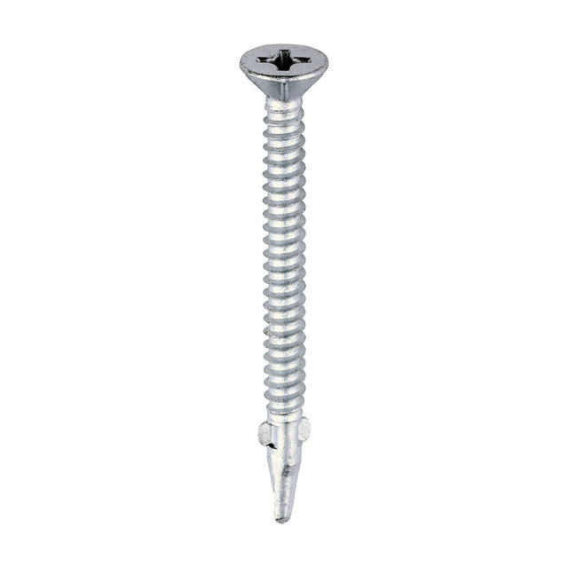 This is an image of Timco - Metal Construction Timber to Light Section Screws - Countersunk - Wing-Tip - Self-Drilling - Exterior - Silver Organic 5.5 x 65mm - (200 PCS Box) LW65S