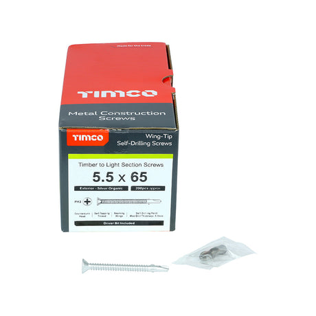 This is an image of Timco - Metal Construction Timber to Light Section Screws - Countersunk - Wing-Tip - Self-Drilling - Exterior - Silver Organic 5.5 x 65mm - (200 PCS Box) LW65S
