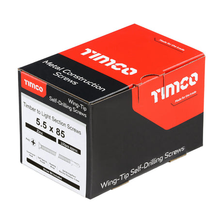 This is an image of Timco - Metal Construction Timber to Light Section Screws - Countersunk - Wing-Tip - Self-Drilling - Zinc 5.5 x 85mm - (100 PCS Box) LW85B