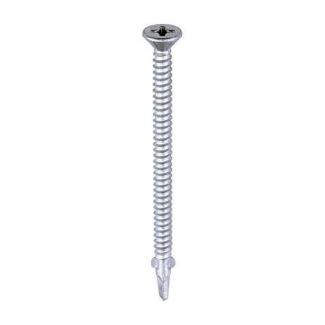 This is an image of Timco - Metal Construction Timber to Light Section Screws - Countersunk - Wing-Tip - Self-Drilling - Exterior - Silver Organic 5.5 x 85mm - (100 PCS Box) LW85S