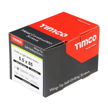 This is an image of Timco - Metal Construction Timber to Light Section Screws - Countersunk - Wing-Tip - Self-Drilling - Exterior - Silver Organic 5.5 x 85mm - (100 PCS Box) LW85S