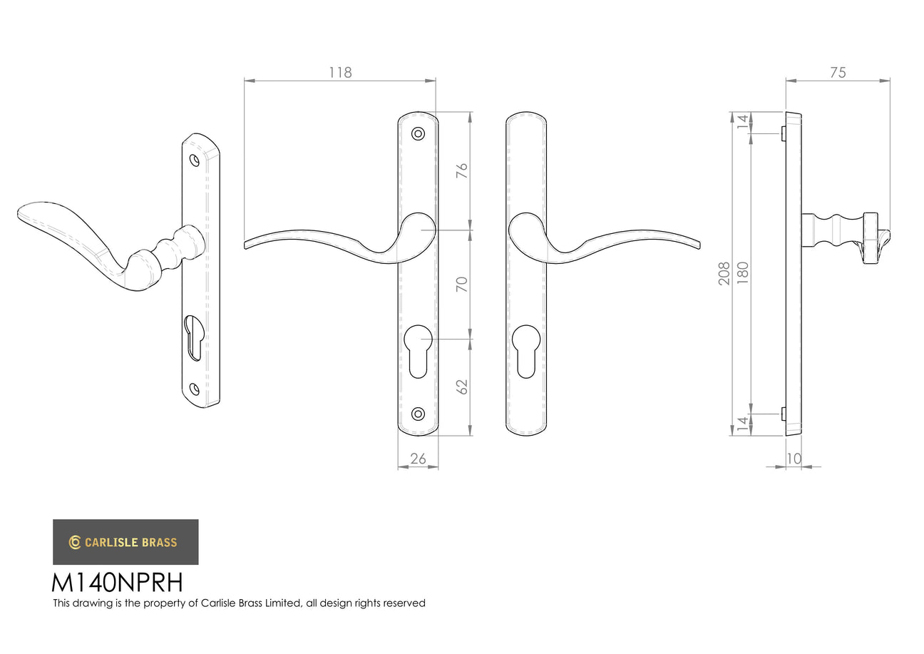 High quality image of Carlisle Brass - Scroll Lever on Narrow Plate R/H, 70mm C/C - Polished Brass | Sku. m140nprh | Trade Door Handles, Kendal.