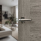 Quality image of Mediterranean Toulon Lever Door Handle on Round Rose - Satin Nickel/Polished Chrome | Sku. m191sncp | available from Trade Door Handles.