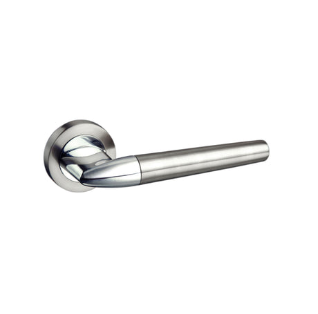 Quality image of Mediterranean Toulon Lever Door Handle on Round Rose - Satin Nickel/Polished Chrome | Sku. m191sncp | available from Trade Door Handles.