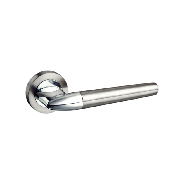 Quality image of Mediterranean Toulon Lever Door Handle on Round Rose - Satin Nickel/Polished Chrome | Sku. m191sncp | available from Trade Door Handles.