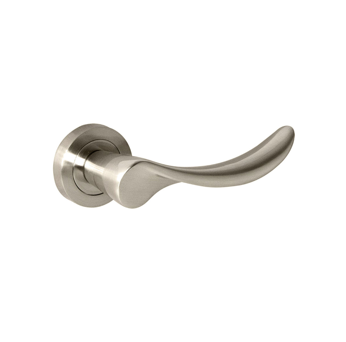 Quality image of Mediterranean Malaga Lever Door Handle on Round Rose - Satin Nickel | Sku. m27sn | available from Trade Door Handles.