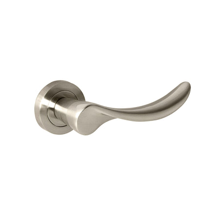 Quality image of Mediterranean Malaga Lever Door Handle on Round Rose - Satin Nickel | Sku. m27sn | available from Trade Door Handles.