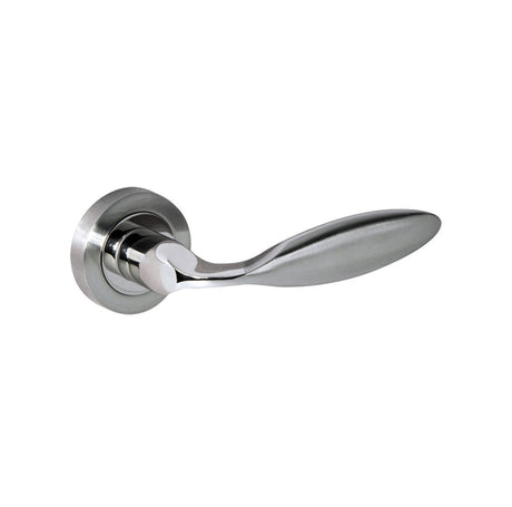 Quality image of Mediterranean Ibiza Lever Door Handle on Round Rose - Satin Nickel/Polished Nickel | Sku. m46snnp | available from Trade Door Handles.