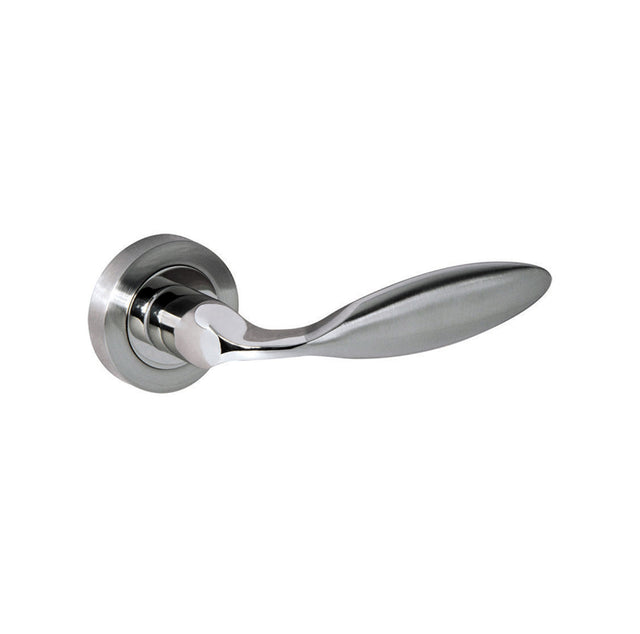 Quality image of Mediterranean Ibiza Lever Door Handle on Round Rose - Satin Nickel/Polished Nickel | Sku. m46snnp | available from Trade Door Handles.