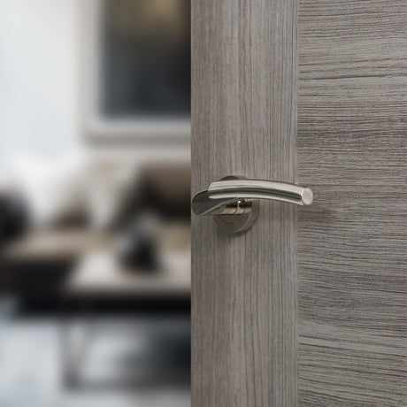 Quality image of Mediterranean Messina Lever Door Handle on Round Rose - Satin Nickel/Polished Nickel | Sku. m53snnp | available from Trade Door Handles.