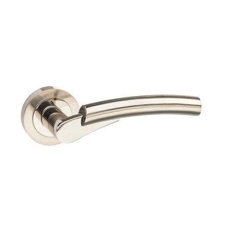 Quality image of Mediterranean Messina Lever Door Handle on Round Rose - Satin Nickel/Polished Nickel | Sku. m53snnp | available from Trade Door Handles.