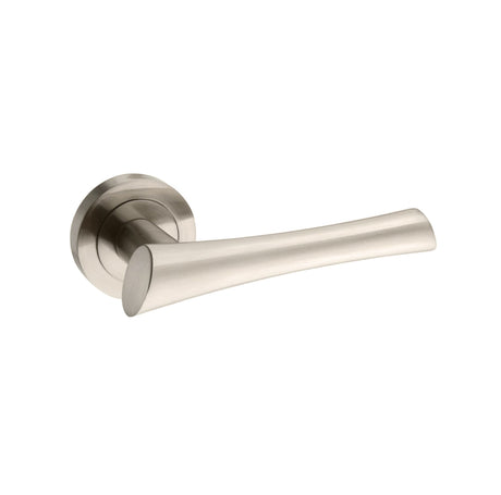 Quality image of Mediterranean Corsica Lever Door Handle on Round Rose - Satin Nickel | Sku. m60sn | available from Trade Door Handles.