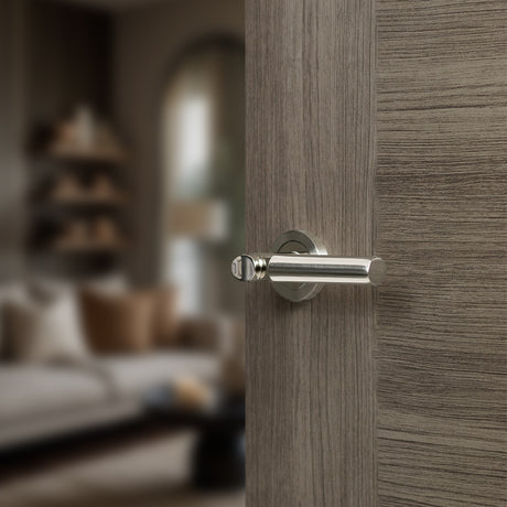 Quality image of Mediterranean Palermo Lever Door Handle on Round Rose - Satin Nickel/Polished Nickel | Sku. m63snnp | available from Trade Door Handles.