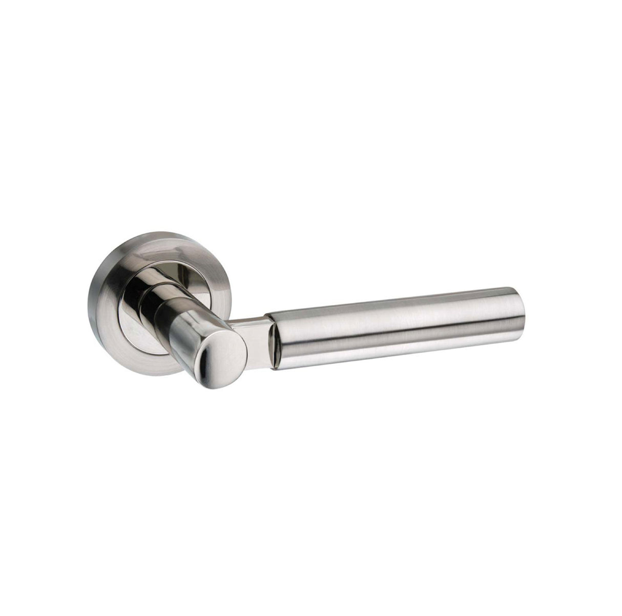 Quality image of Mediterranean Palermo Lever Door Handle on Round Rose - Satin Nickel/Polished Nickel | Sku. m63snnp | available from Trade Door Handles.