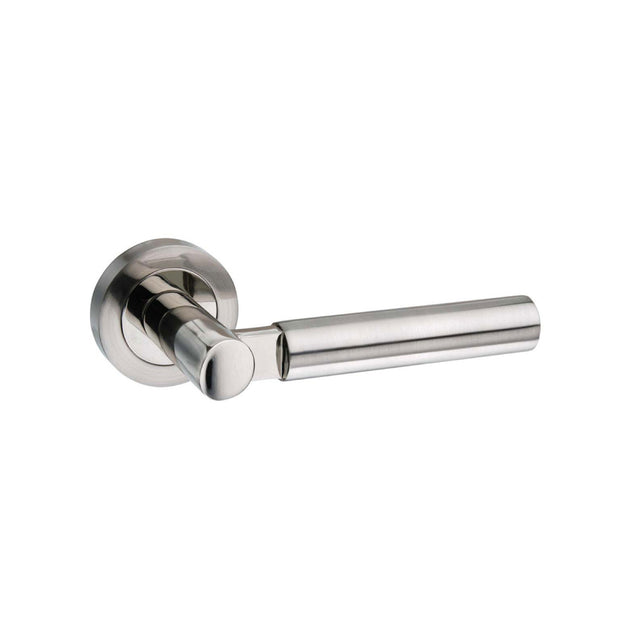 Quality image of Mediterranean Palermo Lever Door Handle on Round Rose - Satin Nickel/Polished Nickel | Sku. m63snnp | available from Trade Door Handles.