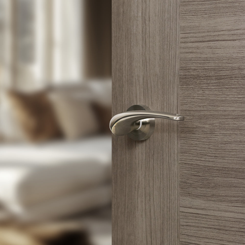 Quality image of Mediterranean Marseille Lever Door Handle on Round Rose - Satin Nickel | Sku. m70sn | available from Trade Door Handles.