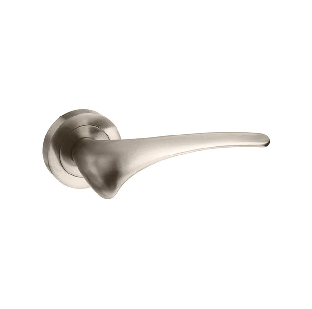 Quality image of Mediterranean Marseille Lever Door Handle on Round Rose - Satin Nickel | Sku. m70sn | available from Trade Door Handles.