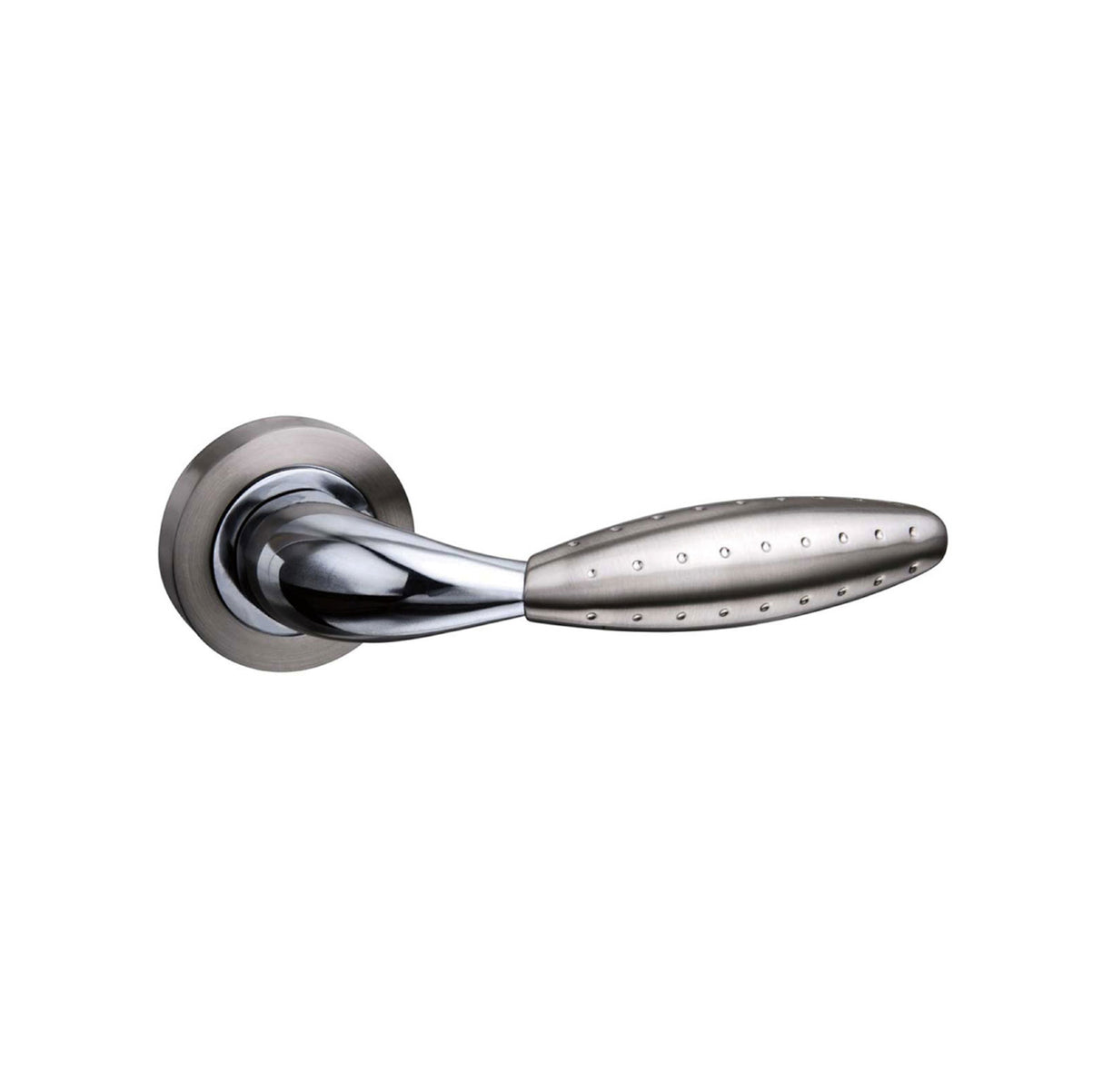 Quality image of Mediterranean Oran Lever Door Handle on Round Rose - Satin Nickel/Polished Chrome | Sku. m73sncp | available from Trade Door Handles.