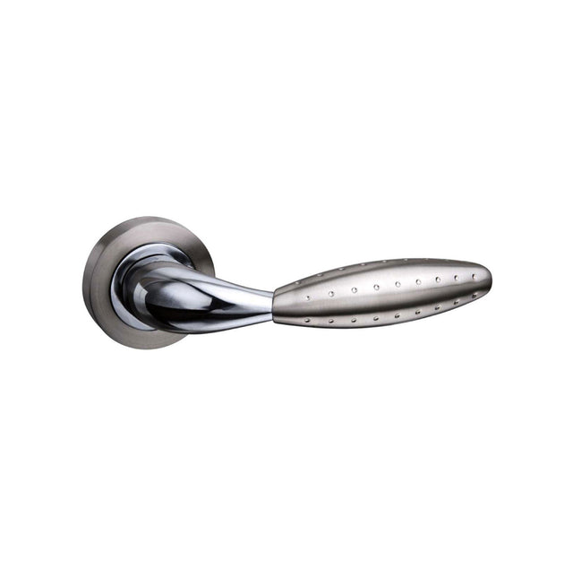 Quality image of Mediterranean Oran Lever Door Handle on Round Rose - Satin Nickel/Polished Chrome | Sku. m73sncp | available from Trade Door Handles.