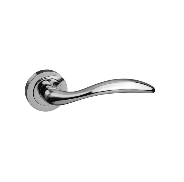 Quality image of Mediterranean Ancon Lever Door Handle on Round Rose - Polished Chrome | Sku. m77cp | available from Trade Door Handles.