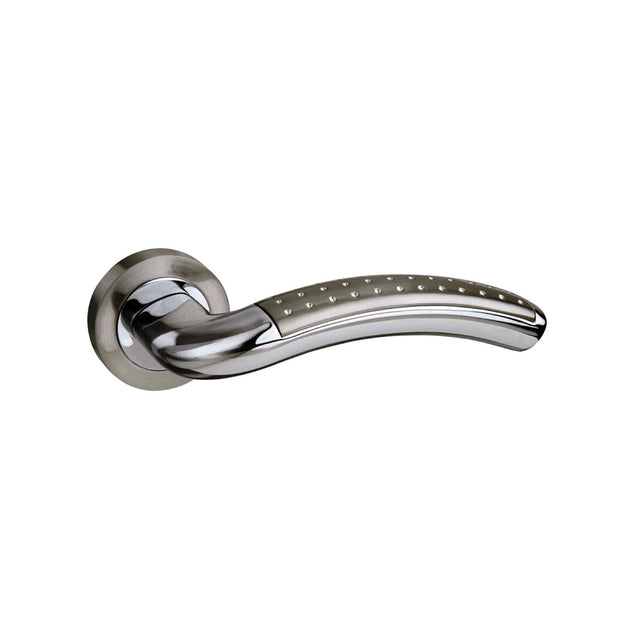 Quality image of Mediterranean Monaco Lever Door Handle on Round Rose - Satin Nickel/Polished Chrome | Sku. m78sncp | available from Trade Door Handles.