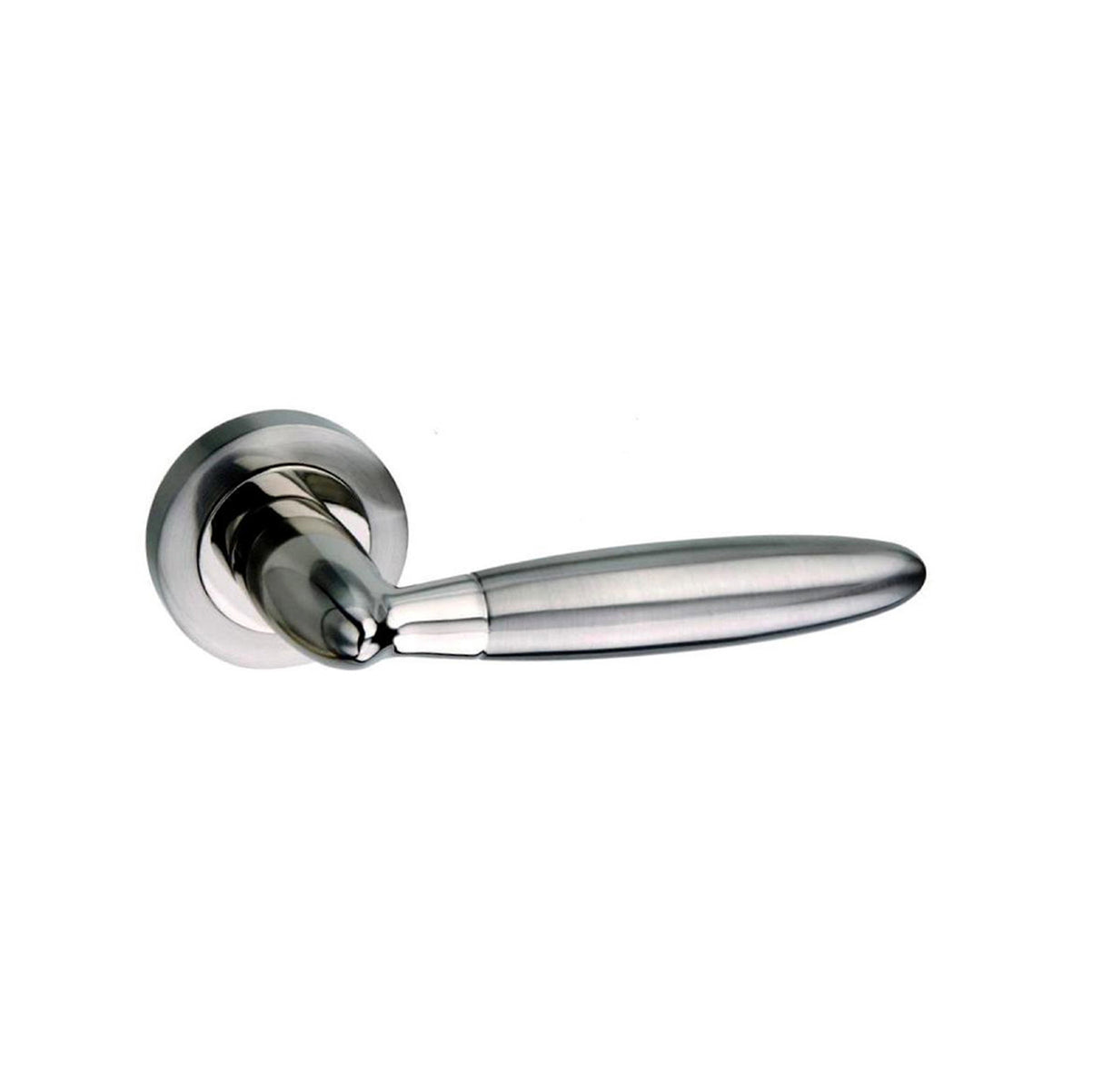 Quality image of Mediterranean Gibraltar Lever Door Handle on Round Rose - Satin Nickel/Polished Nickel | Sku. m83snnp | available from Trade Door Handles.