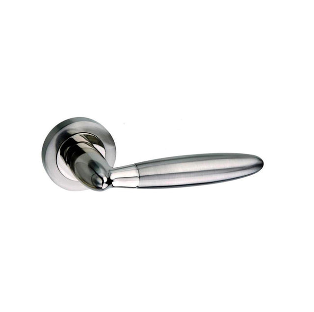 Quality image of Mediterranean Gibraltar Lever Door Handle on Round Rose - Satin Nickel/Polished Nickel | Sku. m83snnp | available from Trade Door Handles.