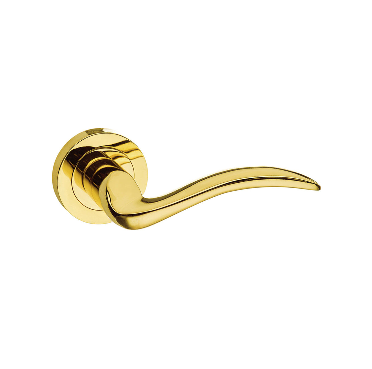 Quality image of Mediterranean Valencia Lever Door Handle on Round Rose - Polished Brass | Sku. m85bp | available from Trade Door Handles.
