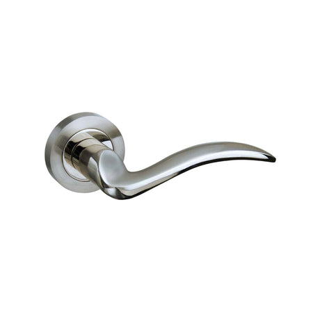 Quality image of Mediterranean Valencia Lever Door Handle on Round Rose - Satin Nickel/Polished Nickel | Sku. m85snnp | available from Trade Door Handles.