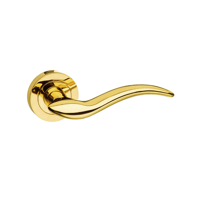 Quality image of Mediterranean Barcelona Lever Door Handle on Round Rose - Polished Brass | Sku. m86bp | available from Trade Door Handles.