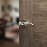 Quality image of Mediterranean Barcelona Lever Door Handle on Round Rose - Satin Nickel | Sku. m86sn | available from Trade Door Handles.