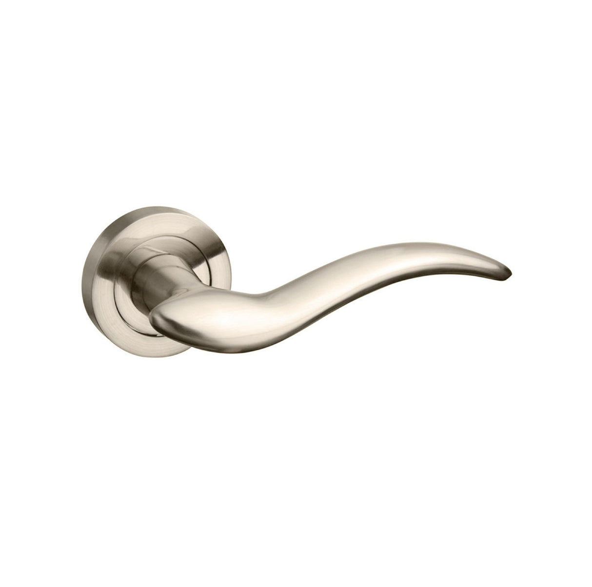 Quality image of Mediterranean Barcelona Lever Door Handle on Round Rose - Satin Nickel | Sku. m86sn | available from Trade Door Handles.