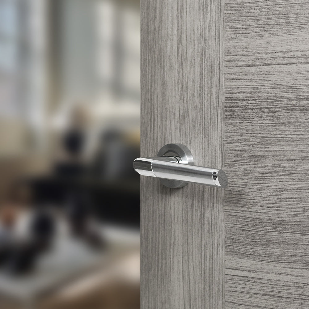Quality image of Mediterranean Santorini Lever Door Handle on Round Rose - Satin Chrome/Polished Chrome | Sku. m90scpc | available from Trade Door Handles.
