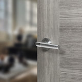 Quality image of Mediterranean Santorini Lever Door Handle on Round Rose - Satin Chrome/Polished Chrome | Sku. m90scpc | available from Trade Door Handles.
