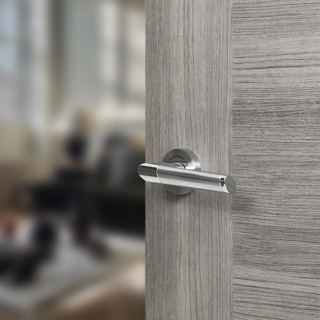 Quality image of Mediterranean Santorini Lever Door Handle on Round Rose - Satin Chrome/Polished Chrome | Sku. m90scpc | available from Trade Door Handles.