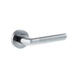 Quality image of Mediterranean Santorini Lever Door Handle on Round Rose - Satin Chrome/Polished Chrome | Sku. m90scpc | available from Trade Door Handles.