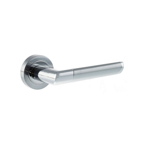 Quality image of Mediterranean Santorini Lever Door Handle on Round Rose - Satin Chrome/Polished Chrome | Sku. m90scpc | available from Trade Door Handles.