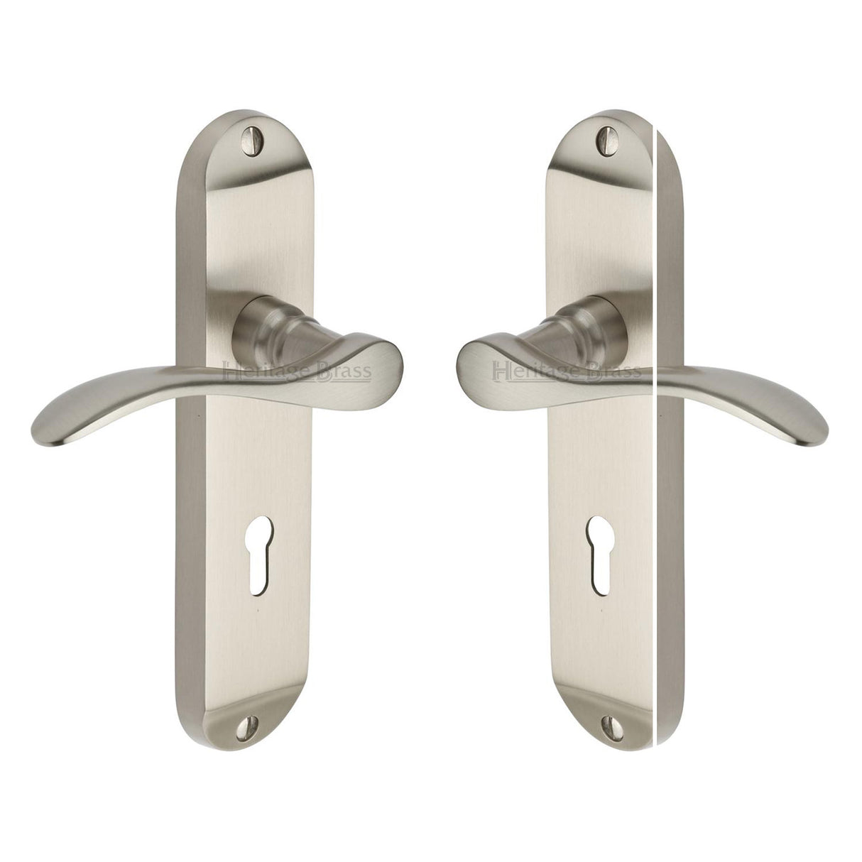 High quality image of the Heritage Brass Door Handle Lever Lock Maya Design Satin Nickel Finish | Sku. may7600-sn | Discounted prices available from Trade Door Handles