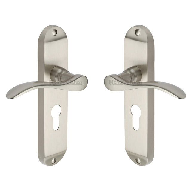 High quality image of the Heritage Brass Door Handle for Euro Profile Plate Maya Design Satin Nickel Finish
 | Sku. may7648-sn | Discounted prices available from Trade Door Handles